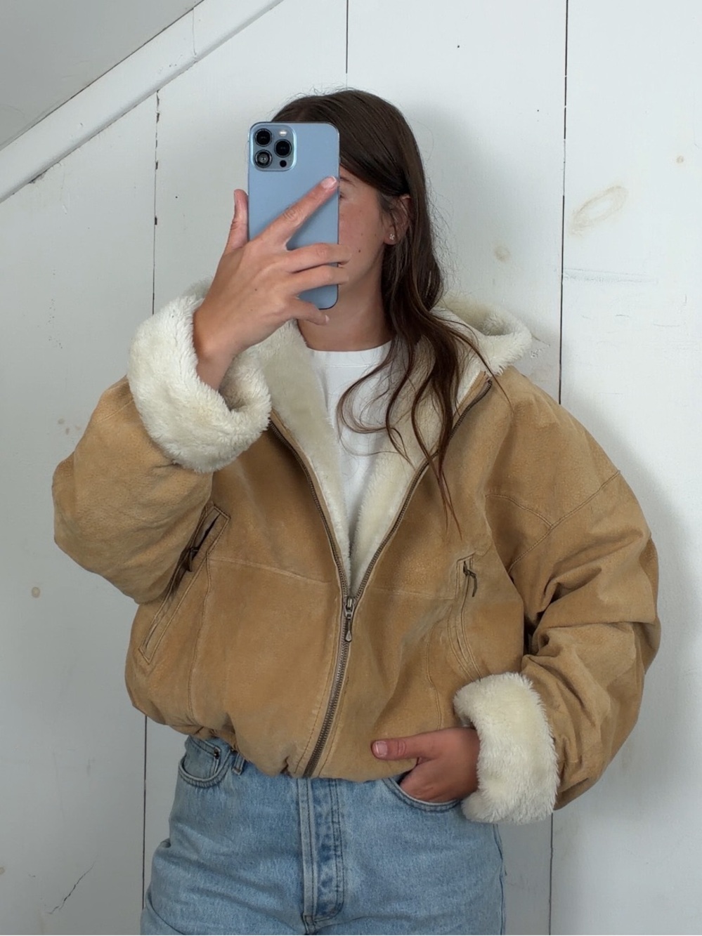 Vintage Tan Suede Leather Hooded Bomber Jacket Women’s Medium Faux Fur Lined 90s
